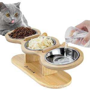 Support de gamelle pour chat en bambou Dorakon, réglable, à trois compartiments, avec bols en acier inoxydable et base en bois - Product Image 3