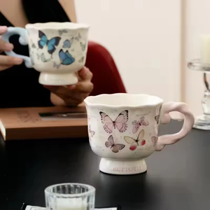 High Aesthetic Cartoon Ceramic 400ml High Footed Coffee Mug Customized Color Logo Couple Party Gift for Home Use Dishwasher - Product Image 2