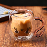 Vente en gros de tasses à café en verre à double paroi résistant à la chaleur en borosilicate en forme de chat mignon