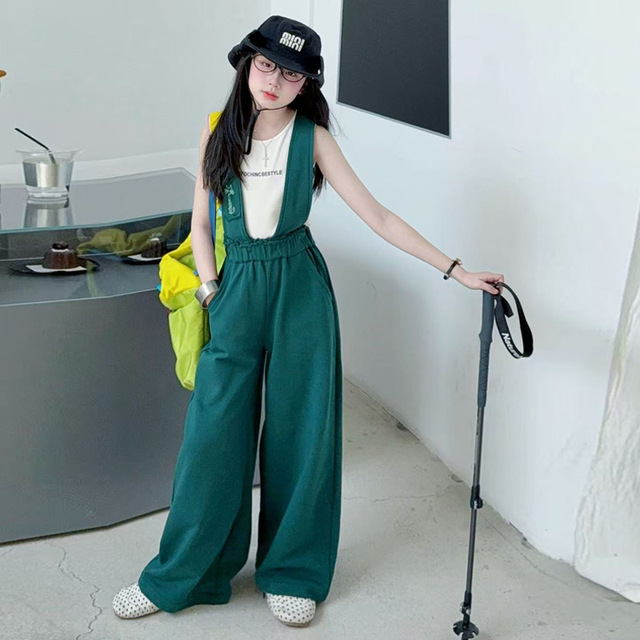 Girl's Overalls 2026 Summer Green Gray Solid Wide Leg Sport Style Overalls Jumpsuit