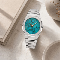 Montre pour homme avec logo personnalisé, bracelet intégré en acier inoxydable de luxe, cadran à motif turquoise, lunette octogonale, quartz ultra fin, 5 ATM