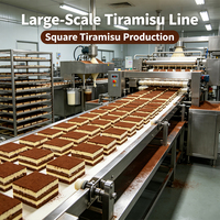 Ligne de production industrielle de gâteaux Tiramisu, aérateur continu de mascarpone, machine de pulvérisation de sirop de café et de saupoudrage de cacao