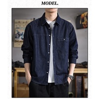 Kemeja Kasual Rajut Bernapas Grosir, Pakaian Streetwear Lengan Panjang Musim Semi Gugur, Saku Dada Kancing, Denim Pria