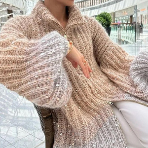 <span class=keywords><strong>Cardigan</strong></span> Invernale da <span class=keywords><strong>Donna</strong></span> in Maglia <span class=keywords><strong>con</strong></span> <span class=keywords><strong>Cerniera</strong></span>, Maniche a Lanterna Ricamate a Macchina <span class=keywords><strong>con</strong></span> Paillettes, Stile Casual e alla Moda - Product Image 5