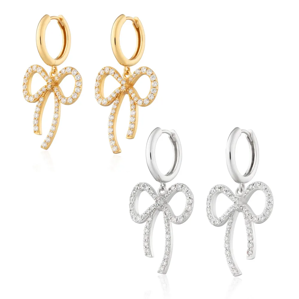 New Slvehoony Trendy 925 Sterling Silver 14K Gold Bow Charm 3A Zircon Hoop Earrings For Girls