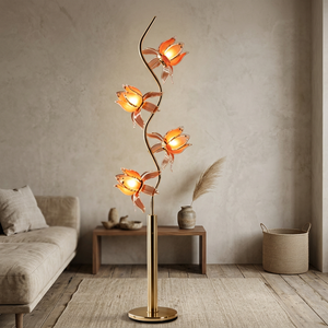 Lampe sur pied florale élégante, design lotus à 4 têtes, abat-jour en acrylique transparent en forme de pétales, lampe décorative LED à tige dorée en S - Product Image 1