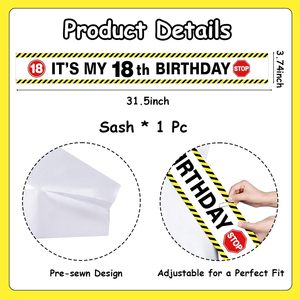 Décorations d'<span class=keywords><strong>anniversaire</strong></span> 18 ans pour garçons, noir et jaune, avec écharpe en satin « C'est mon 18e <span class=keywords><strong>anniversaire</strong></span> » et épingle de sûreté, ajustement réglable - Product Image 2