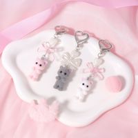 Porte-clés chaton mignon en PVC, pendentif en peluche floqué avec nœud perlé, porte-clés chat avec nœud pour téléphone portable, sac photo, breloques de sac
