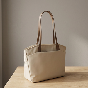 Minimalist Beige <b>Canvas</b> <b>Tote</b> Bag With Brown Leather Handles Open Top Daily Use Women's Shoulder Bag - Product Image 3