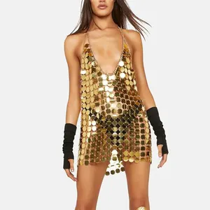 Female Sleeveless Backless Sequin Party Gold Mirror Silver Disco dresses chainmail sequin dress