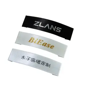 Etiquetas suaves para cuello, etiqueta de logotipo tejido de satén blanco, con logotipo del cliente
