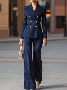 Completo da Donna a Righe <span class=keywords><strong>Doppiopetto</strong></span>, Set da Ufficio 2 Pezzi con Blazer e Pantaloni a Zampa - Product Image 4
