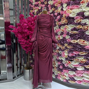 Robe longue plissée à manches longues pour femme avec traîne amovible - Robe de soirée en mousseline transparente tendance - Product Image 5