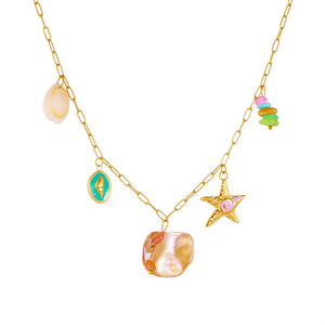 Trendy Gold Plated Starfish Conch Shell Pendant Necklace With Colorful Pebble For Women Party Jewelry - Product Image 5