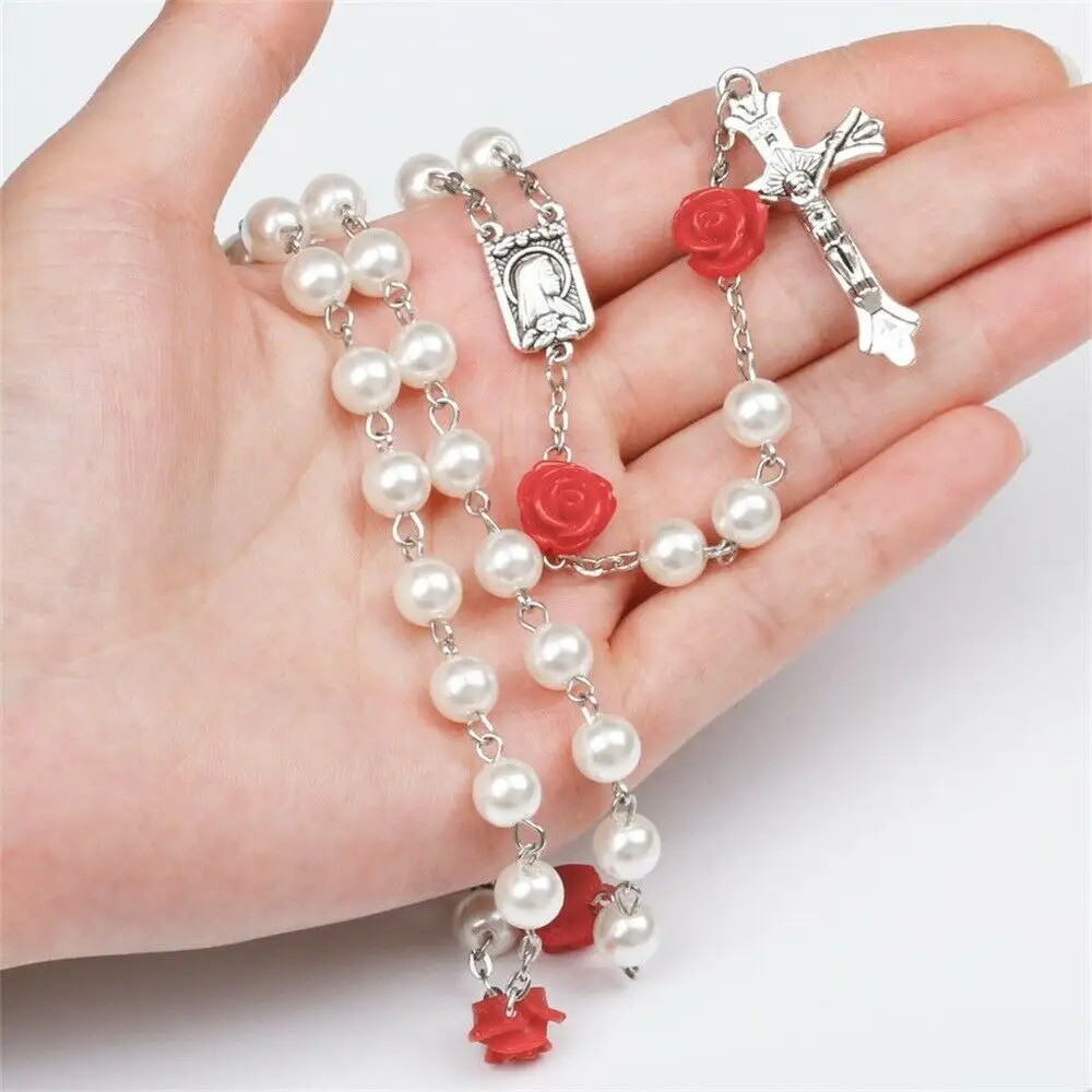 Religious Cross Pendant Rosaries Catholic Rose Flower 6mm Pearl Beads Rosary Necklace Gift