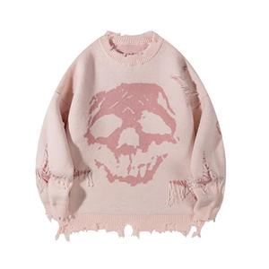 커스텀 로고 OEM 해골 프린트 크루넥 빈티지 남성 루즈 니트 탑 점퍼 디스트레스드 디자인 하이 스트리트 풀오버 니트 스웨터 - Product Image 5