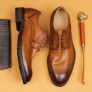 Men Brown Leather Oxfords Pointed Toe Lace-up Anti-Slippery Rubber Outsole Career All Seasons Wedding shoes wholesale - Product Image 2
