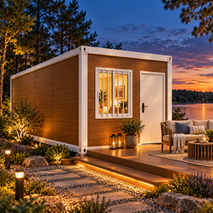 Maison préfabriquée rectangulaire moderne en conteneur, mini-maison extérieure avec mur en panneaux de bois, fenêtre en verre et terrasse - Product Image 2