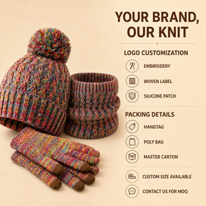 Ensemble bonnet et gants longs en tricot multicolores pour adultes, 100% acrylique, chauds, compatibles avec les écrans tactiles, pour l'hiver - Product Image 1