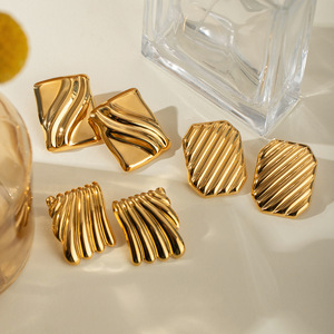 Stud Earrings Square Wave Texture Gold <b>Silver</b> Geometric Fashion Jewelry Party Wearable Accessories - Product Image 3