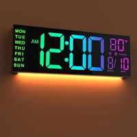 Jam dinding Digital besar dengan Remote Control, Alarm ganda dengan tampilan layar LED besar, 8 warna RGB, Auto DST, suhu