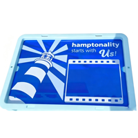 Boîte de rangement industrielle empilable en plastique bleu avec logo personnalisé et plaque acrylique, caisse de camping pour équipement extérieur et coffret cadeau