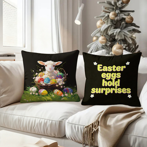 Coussins décoratifs de Pâques avec des lapins, des agneaux et des œufs colorés, avec des messages festifs sur fond noir - Product Image 4