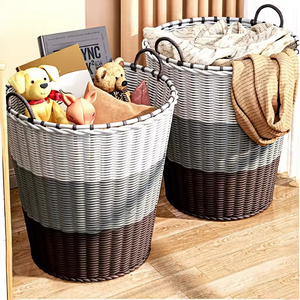 Hand-woven Home <b>Storage</b> Basket <b>Plastic</b> Wicker <b>Bins</b> Organizer Dirty Clothes <b>Storage</b> Baskets with Handles - Product Image 1
