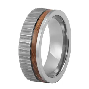 Flat Shape Super Titanium Whiskey Barrel Wood Inlay Tungsten Carbide Ring Mens Wedding Bands