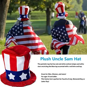 स्वतंत्रता दिवस की आपूर्ति के लिए थोक अमेरिकी ध्वज पोशाक सेट मजेदार देशभक्ति चाचा सैम यूएसए ध्वज वाइड टॉप टोपी और बो टाई