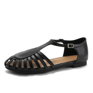 Black Genuine Leather <b>Flat</b> <b>Sandals</b> Open Toe T-Strap Buckle Closure Summer Women's Shoes Elegant Breathable Design - Product Image 1
