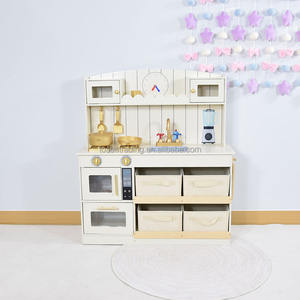 Cuisine de jeu en bois blanc crème pour intérieur avec four, cuisinière, évier, mixeur et bacs de rangement, ensemble de cuisine d'imitation Montessori pour enfants - Product Image 3