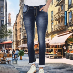 Jeans en denim foncé coupe slim pour homme, style streetwear décontracté avec logo personnalisé, coupe-vent et respirant, 100% coton - Product Image 2