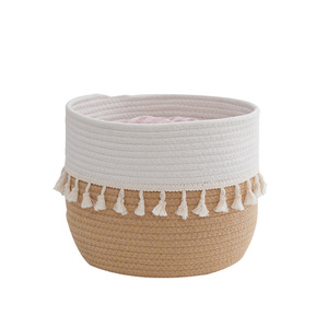 Panier de rangement en corde de coton tissé à la main, rond, jaune et blanc, grande capacité, organisateur de vêtements avec pompons pour la maison - Product Image 5