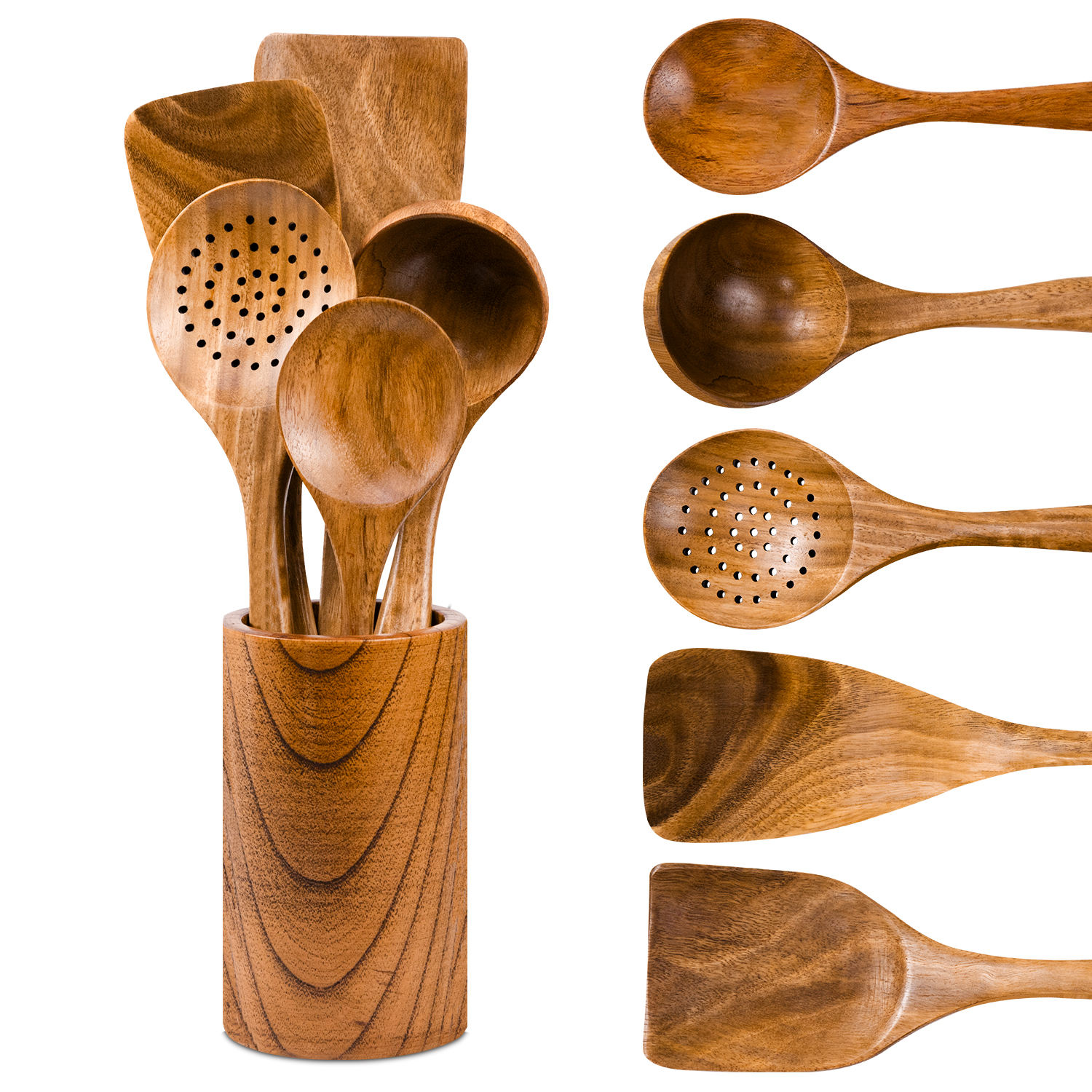 Salad Spoon And Fork Set 10.2 Inch 4-Piece Teak Wood Set - 10.2 Inch Wooden Spoons & Forks For Kitchen Serving Salad Server