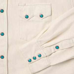 Camicia Western in <span class=keywords><strong>Denim</strong></span> 100% Cotone con Frontino Profondamente Curvato, Colore <span class=keywords><strong>Ecru</strong></span>, Lavaggio Garment, Chiusura Classica con Bottoni a Pressione - Product Image 6