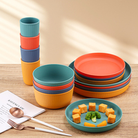 Lot de 4 pièces de vaisselle en paille de blé, motif côtelé vertical, comprenant assiette ronde, bol et tasse, sans BPA, compatible micro-ondes et lave-vaisselle, orange, vente en gros, 4 couleurs