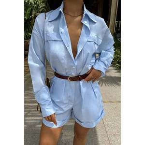 Mono azul para mujer con detalles de bolsillos, cintura alta, corte holgado y estampado deportivo, estilo bodycon de verano - Product Image 4