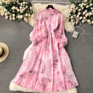 Nueva moda francés Retro impreso teñido gasa <span class=keywords><strong>Couture</strong></span> Vestido de manga larga Slim Fit Seaside Resort vestido para mujer - Product Image 2