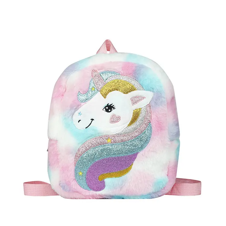 Oem \ Odm prenses Polyester çocuk peluş okul çantası karikatür kız için gökkuşağı ünikorn sırt çantası