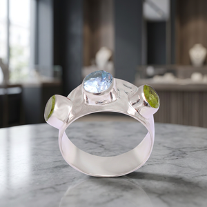 Anillo de Plata de Ley 925 Hecho a Mano con Engaste de Bisel de Peridoto y Topacio Azul, Forma Redonda, Plateado, Moderno, Unisex, para Fiesta - Product Image 3