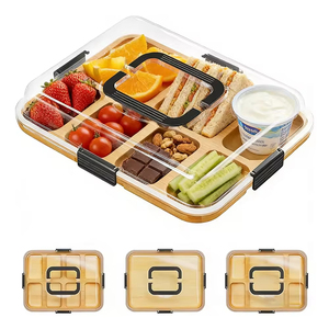 <span class=keywords><strong>Planche</strong></span> à charcuterie en bambou avec couvercle et poignée, compartiments intégrés, couvercle transparent pour assiettes à apéritif, plateau à fromage - Product Image 1