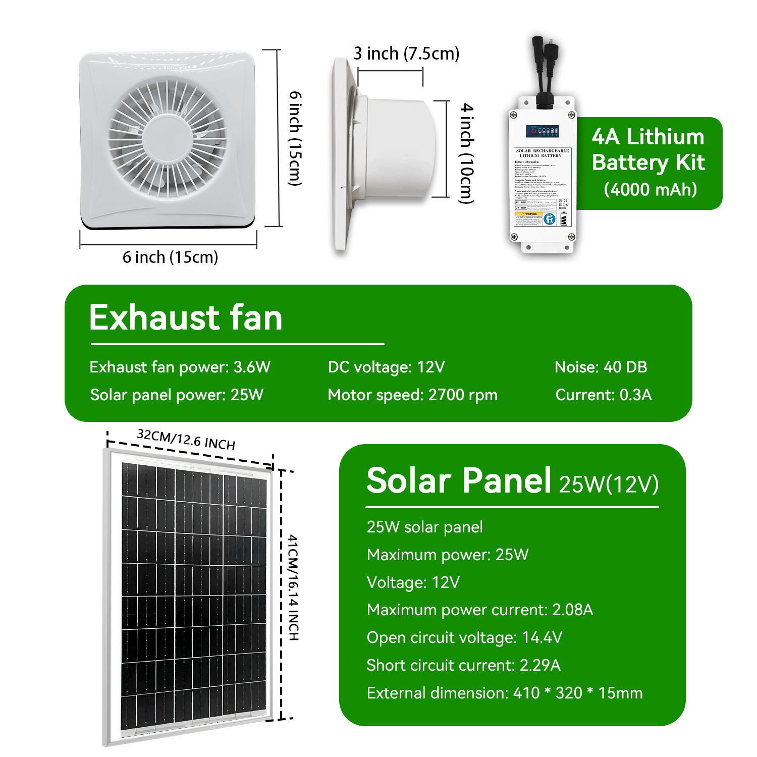 Ventilador de 4 pulgadas + Panel Solar de 25W + Batería de 4A