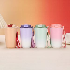 304 Stainless Steel Insulated <b>Cup</b> Gradient Color Coffee Mug with <b>Straw</b> and Rope Portable Dual Use <b>Cup</b> - Product Image 2