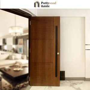 Prettywood Residential Apartment Walnut Color Front Entry Door Modern Design Exterior Solid Wooden Main Door With Long Handle