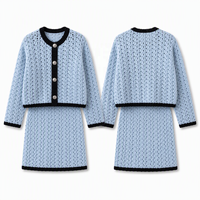 Ensemble tricoté 2 pièces pour femme : Cardigan et mini-robe color block ajouré à manches longues bleu automne