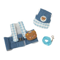 Nylon-Hundeleine und -Geschirr-Set aus Denim mit Kapuze und Gingham-Karo-Sommerkleidung für kleine Hunde und Katzen – Outdoor-Kleidung