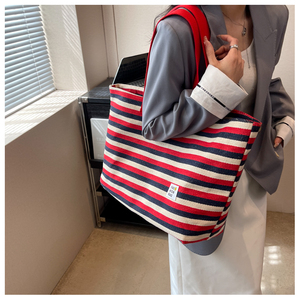 Borsa Tote da Donna Portatile in Tela di Cotone con Trasferimento Termico, Grande Capacità, Strisce, Chiusura a Cerniera, Media per Viaggi - Product Image 2