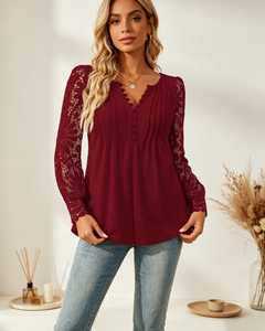 Blusa de manga larga con cuello en V y media placa para mujer, ajuste holgado, manga calada, informal, para uso diario, oficina, elegante, tops para mujer - Product Image 3