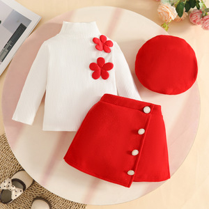 Ensemble de vêtements pour enfants de 0 à 3 <span class=keywords><strong>ans</strong></span>, filles, appliqué, col haut, <span class=keywords><strong>veste</strong></span> à manches longues, jupe, béret, mélange coton-polyester, motif à carreaux - Product Image 2
